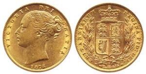 Australia, Gold Sovereign, Victoria, Shield back, 1875, Sydney Mint, 8 gms, (KM #6), About