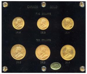 Canada, Gold $10 & $5, George V, Complete Set of 6 coins of 1912, 1913 & 1914, $10 & $5, 3
