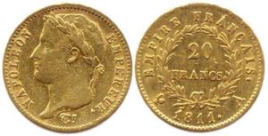 France, Gold 20 Francs, Napoleon, minted in Paris, 1811A, 6.5 gms, (KM #695.1), About Very