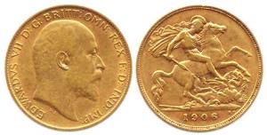 Great Britain, Gold ½ Sovereign, Edward VII, 1906, 3.99 gms, (KM #804), Very Fine
