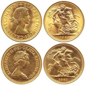 Great Britain, Gold Sovereigns, Elizabeth, 2 different busts, 1962 & 1981, rev: St. George