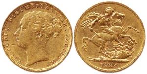 Gold Sovereign, Victoria, 1884, rev: St. George, 8 gms, (KM #752), About Very Fine
