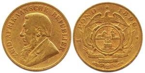 South Africa, Gold 1 Pond, 1896, 8 gms, (KM #10.2), Fine+