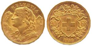 Switzerland, Gold 20 Francs, 1930, 6.5 gms, (KM #35.1), Very Fine+