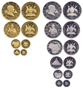 Uganda, 1000, 500, 100 & 50 Shillings in Gold & 30, 25, 20, 10, 5 & 2 Shillings in Silver,