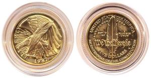 United States of America, Gold $5, Bicentennial of the Constitution, 1987, 8.35 gms, (KM #