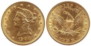 United States of America, Gold $10, Coronet Head, motto above eagle, 1907, 16.71 gms, (KM 