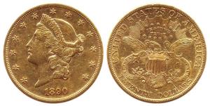 United States of America, Gold $20, Liberty, motto above eagle, 1890 S, struck at San Fran