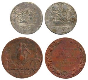 Token and Medal (2), Copper, Nickel token of Ram Tanka type, ram Darbar on one side and Ha