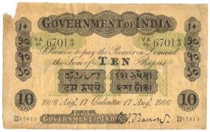 Rupees 10, green under print, Calcutta circle, signed O. T. Barrow, 17th Aug 1906, (Jhun #