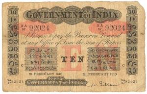 Rupees 10, red under print, Calcutta circle, signed R. W. Gillan, 21st Feb 1910, (Jhun #2.