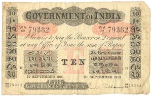 Rupees 10, red under print, Bombay circle, signed R. W. Gillan, 27th Sept 1910, (Jhun #2.3