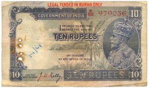 George V, Rupees 10, 3rd issue, 1933, signed J. B. Taylor, LEGAL TENDER IN BURMA ONLY, red