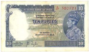 George VI, Rupees 10, 1st issue, 1938, signed J. B. Taylor, (Jhun #5.1; KM #19a), About Ve