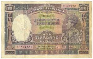 George VI, Rupees 1000, 1st issue, 1938, Bombay, signed J. B. Taylor, (Jhun #8.1A; KM #21a