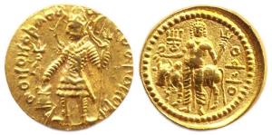 Kushanas, Vasudeva, Gold, 7.94 g, Dinar, Shiva and Nandi type, king standing frontally, fa