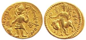 Kushanas, Vasudeva, Gold, 7.83 g, Dinar, Shiva and Nandi type, king standing frontally, fa