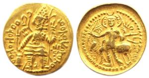Kushanas, Vasudeva, Gold, 6.43 g, Dinar, Shiva and Nandi type, king standing frontally, fa