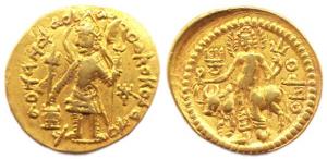 Kushanas, Vasudeva, Gold, 7.87 g, Dinar, Shiva and Nandi type, king standing frontally, fa