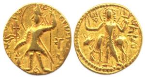 Kushanas, Vasudeva, Gold, 7.26 g, Dinar, Shiva and Nandi type, king standing frontally, fa