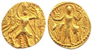 Kushanas, Vasudeva, Gold, 7.74 g, Dinar, Shiva and Nandi type, king standing frontally, fa