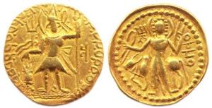 Kushanas, Vasudeva, Gold, 7.46 g, Dinar, Shiva and Nandi type, king standing frontally, fa