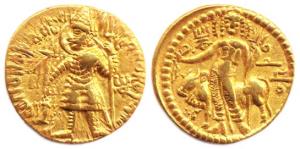 Kushanas, Vasudeva, Gold, 7.93 g, Dinar, Shiva and Nandi type, king standing frontally, fa