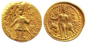 Kushanas, Vasudeva, Gold, 7.82 g, Dinar, Shiva and Nandi type, king standing frontally, fa