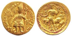 Kushanas, Vasudeva, Gold, 7.88 g, Dinar, Shiva and Nandi type, king standing frontally, fa