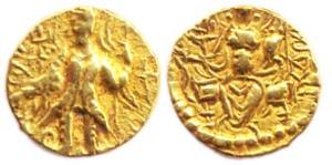 Later Kushanas, Vasudeva II and successors, Gold, 1.96 g, ¼ Dinar, Ardoxo type, king stand