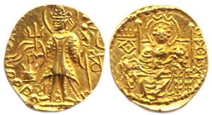Later Kushanas, Vasudeva II, Gold, 7.95 g, Dinar, Ardoxo type, king standing frontally, fa