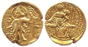 Later Kushanas, Kanishka II and successors, Gold, 7.60 g, Dinar, Ardoxo type, king standin