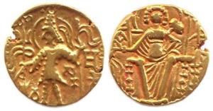 Later Kushanas, Kanishka II and successors, Gold, 7.70 g, Dinar, Ardoxo type, king standin