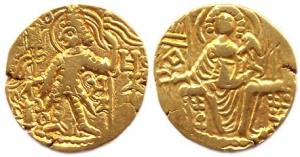 Later Kushanas, Kanishka II and successors, Gold, 7.57 g, Dinar, Ardoxo type, king standin