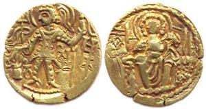 Later Kushanas, Kanishka II and successors, Gold, 7.66 g, Dinar, Ardoxo type, king standin