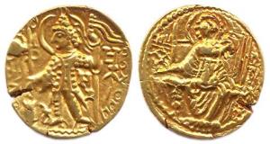 Later Kushanas, Kanishka II and successors, Gold, 7.66 g, Dinar, Ardoxo type, king standin