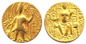 Later Kushanas, Gold, 7.74 g, Dinar, Ardoxo type, king standing frontally, facing left, ho