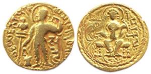 Guptas, Samudragupta, Gold, 7.25 g, Dinar, Standard type, king standing with a Standard (D