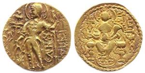 Guptas, Samudragupta, Gold, 7.71 g, Dinar, Standard type, king standing with a Standard (D