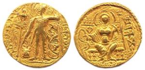 Guptas, Samudragupta, Gold, 7.54 g, Dinar, Standard type, king standing with a Standard (D