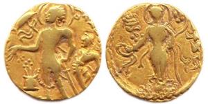 Guptas, Chandragupta II (AD 380-414), Gold, 7.66 g, Dinar, Chhatra type, king standing to 