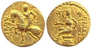 Guptas, Chandragupta II, Gold, 7.91 g, Dinar, Horseman type, king riding a horse to left, 
