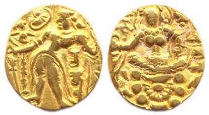 Guptas, Chandragupta II, Gold, 8.54 g, Heavy Dinar, Archer type, king standing to left, ho