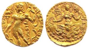 Guptas, Chandragupta II, Gold, 7.87 g, Dinar, Archer type, king standing to left, holding 