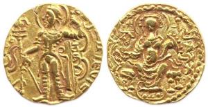 Guptas, Chandragupta II, Gold, 7.84 g, Dinar, Archer type, king standing to left, holding 