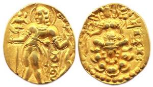 Guptas, Chandragupta II, Gold, 8.02 g, Dinar, Archer type, king standing to left, holding 