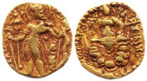 Guptas, Chandragupta II, Gold, 8.10 g, Dinar, Archer type, king standing to left, holding 