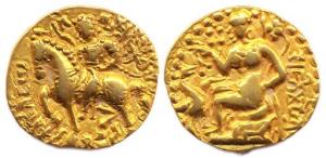 Guptas, Kumaragupta I, Gold, 8.11 g, Dinar, Horseman type, king riding a horse to left, ma
