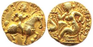 Guptas, Kumaragupta I, Gold, 8.22 g, Dinar, Horseman type, king riding a horse to right, t