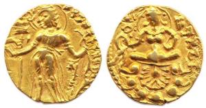 Guptas, Skandagupta, Gold, 9.20 g, Heavy Dinar, Archer type, king standing to left, holdin